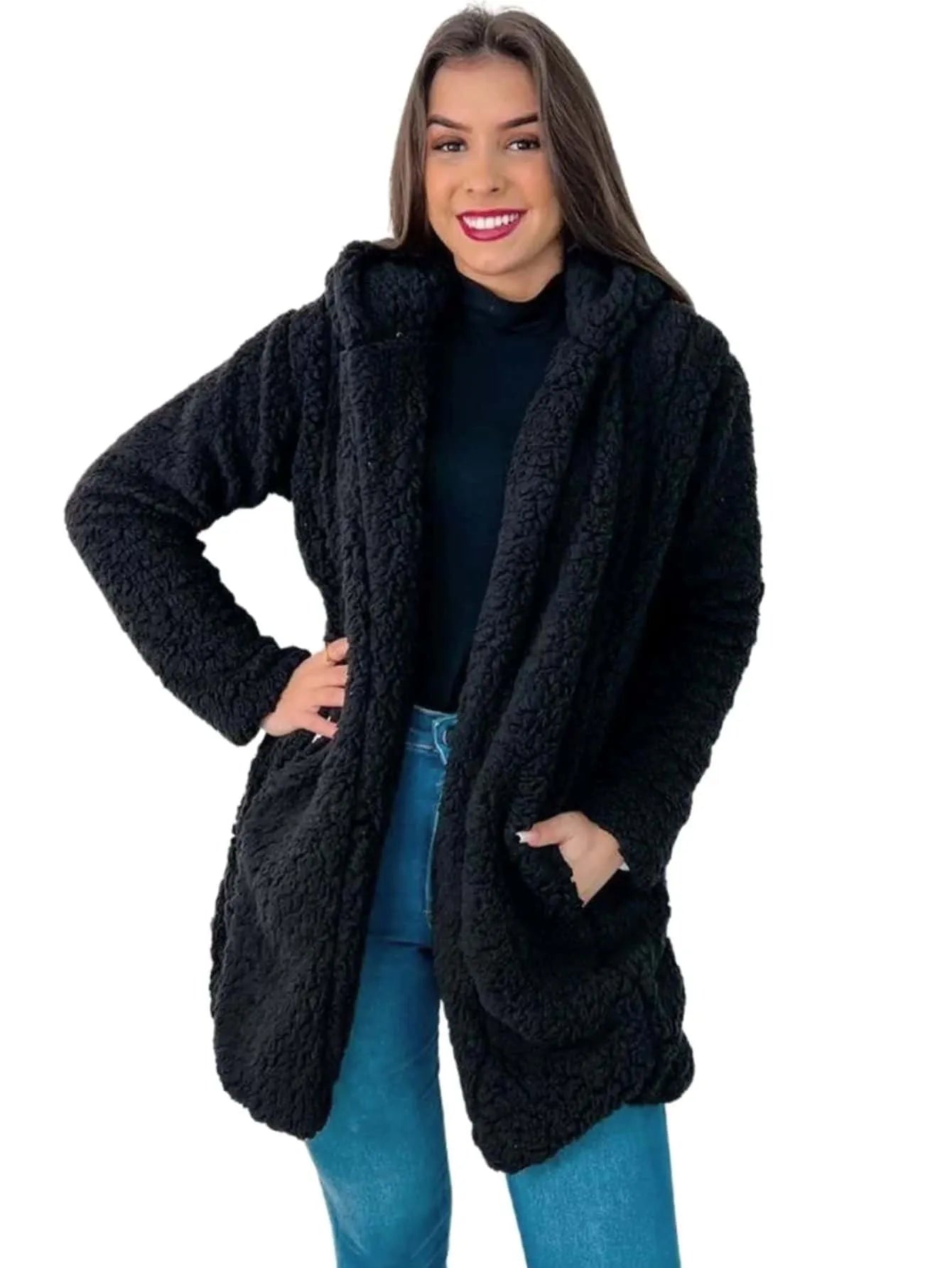 Casaco feminino pelinhos sobretudo com capuz