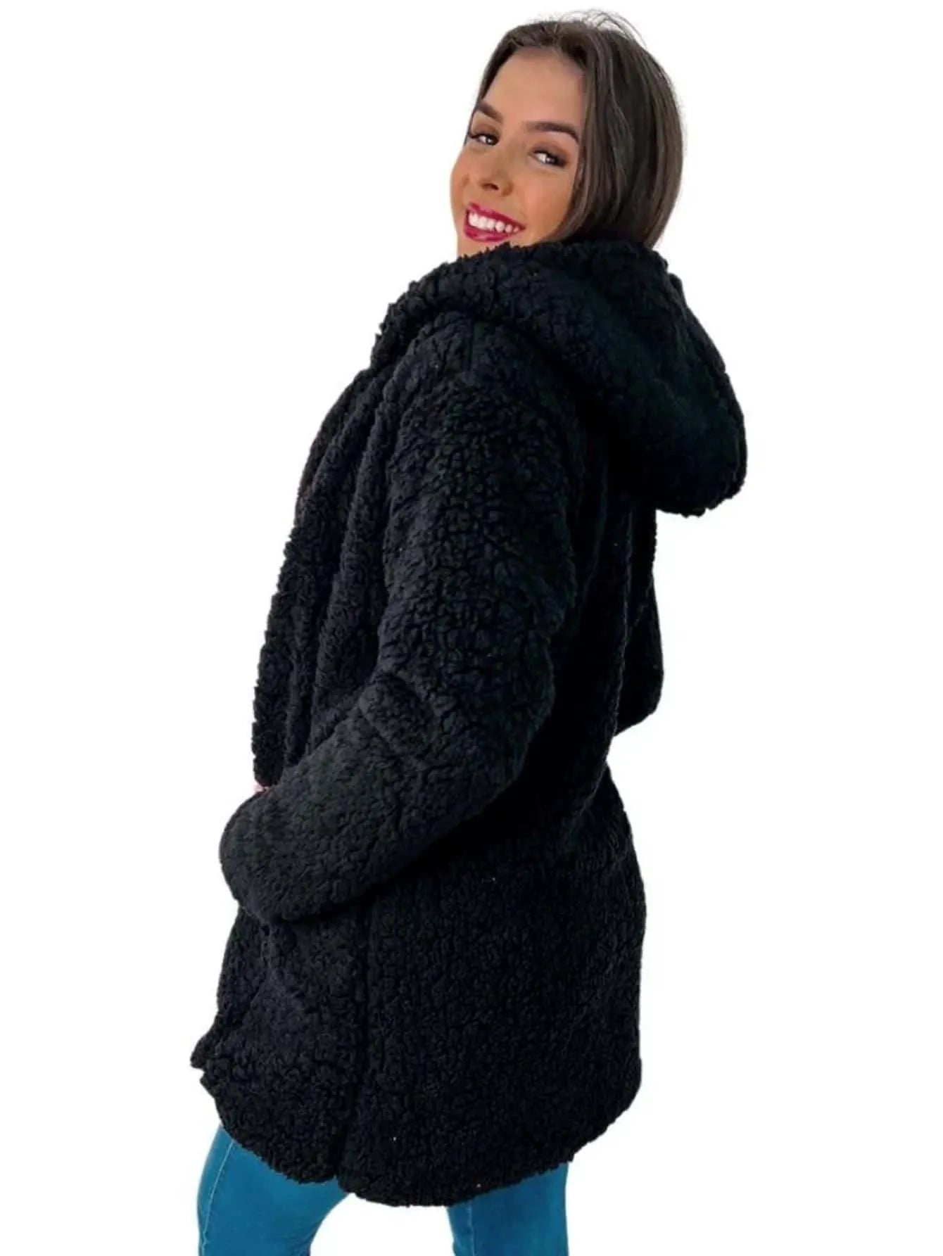 Casaco feminino pelinhos sobretudo com capuz