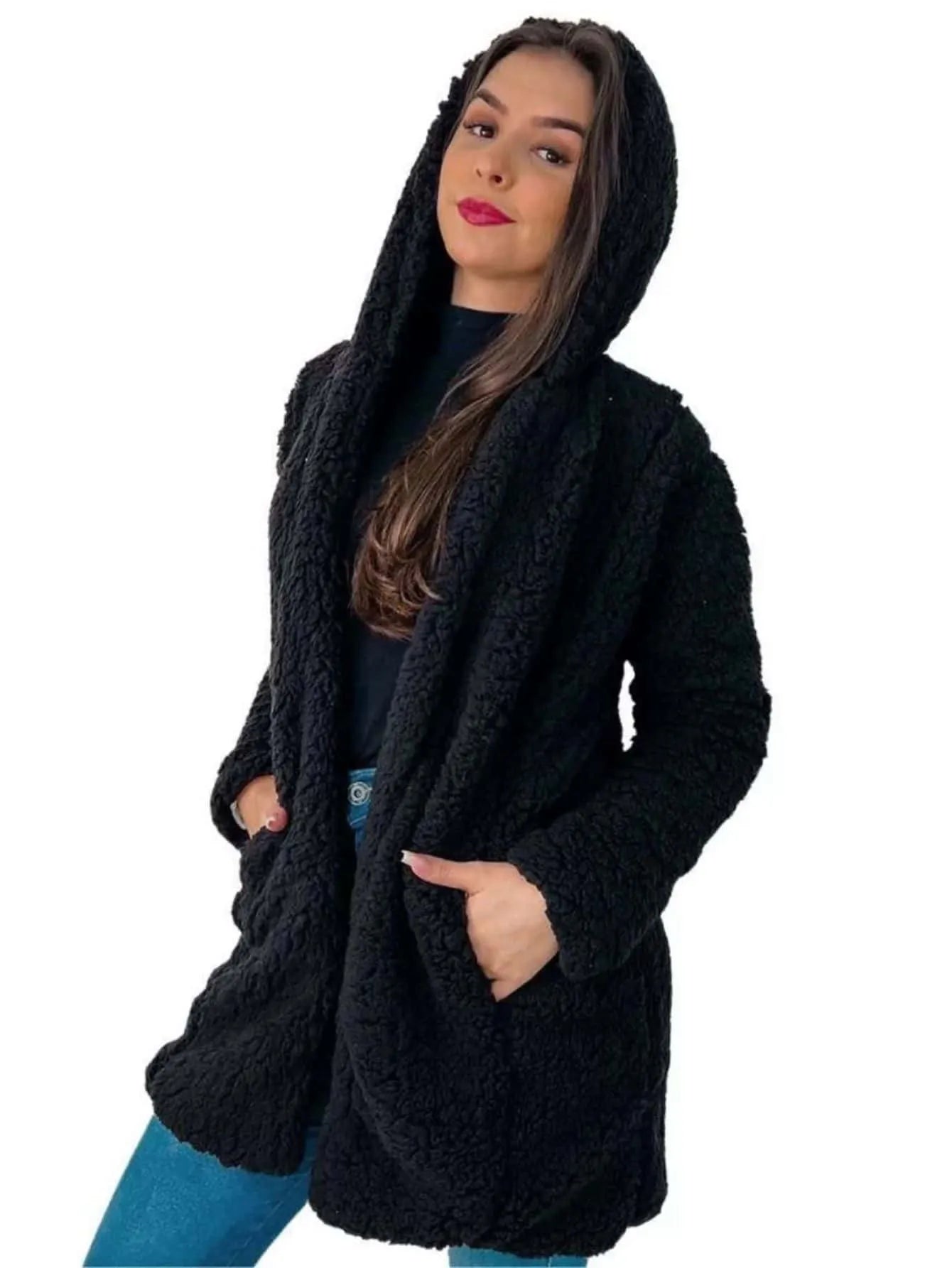 Casaco feminino pelinhos sobretudo com capuz