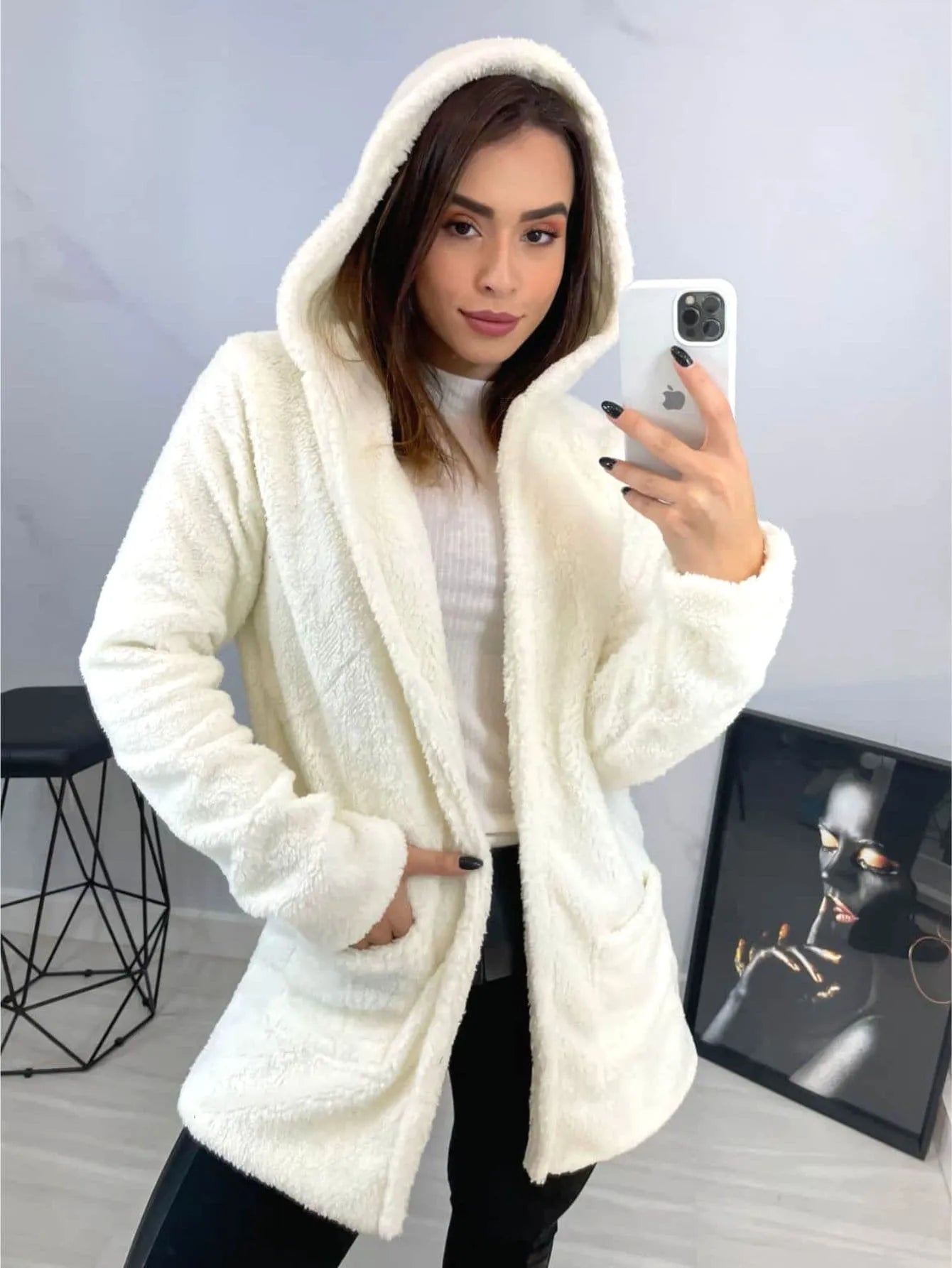 Casaco feminino pelinhos sobretudo com capuz