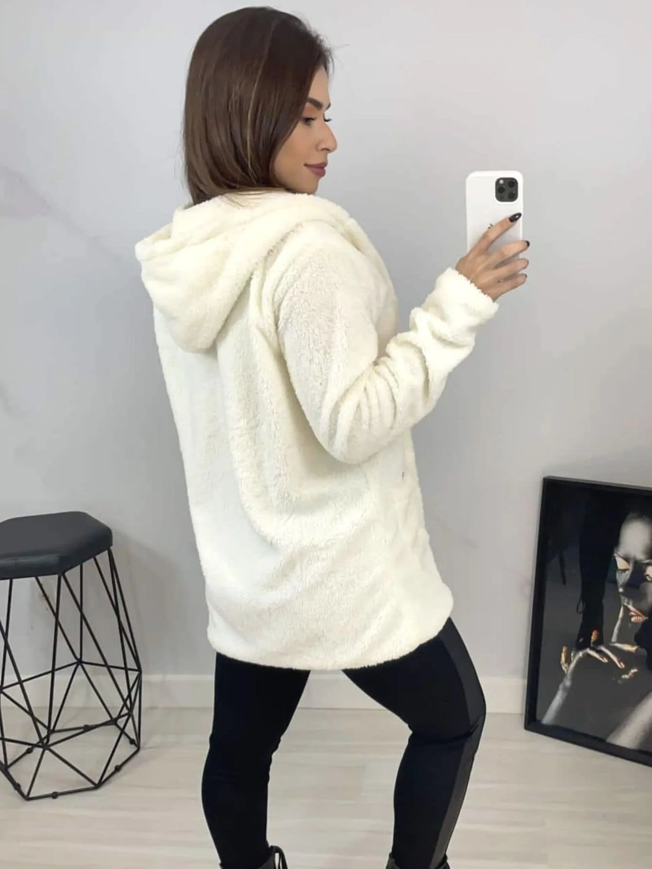 Casaco feminino pelinhos sobretudo com capuz