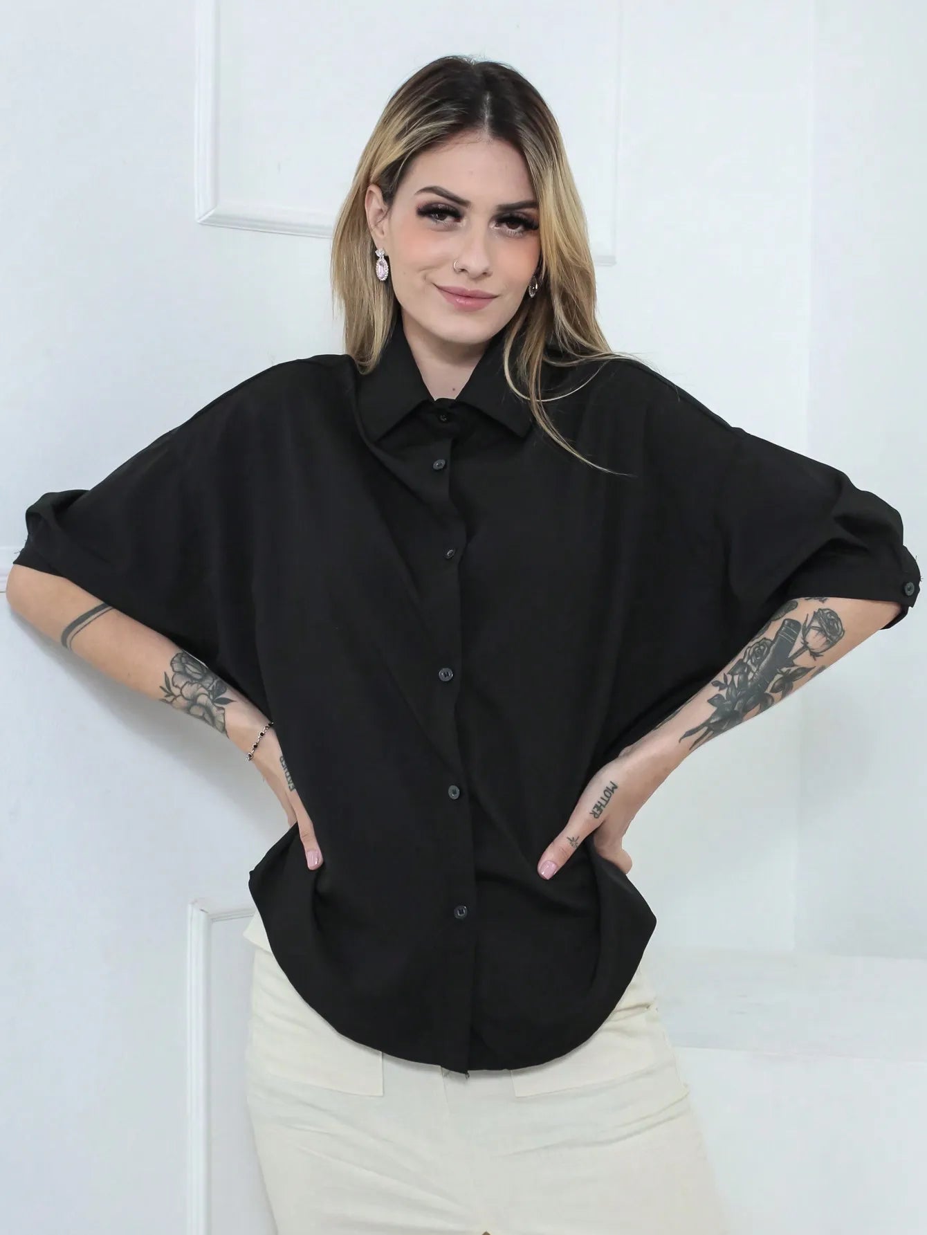 Camisa Feminina Meia Manga com Elastano