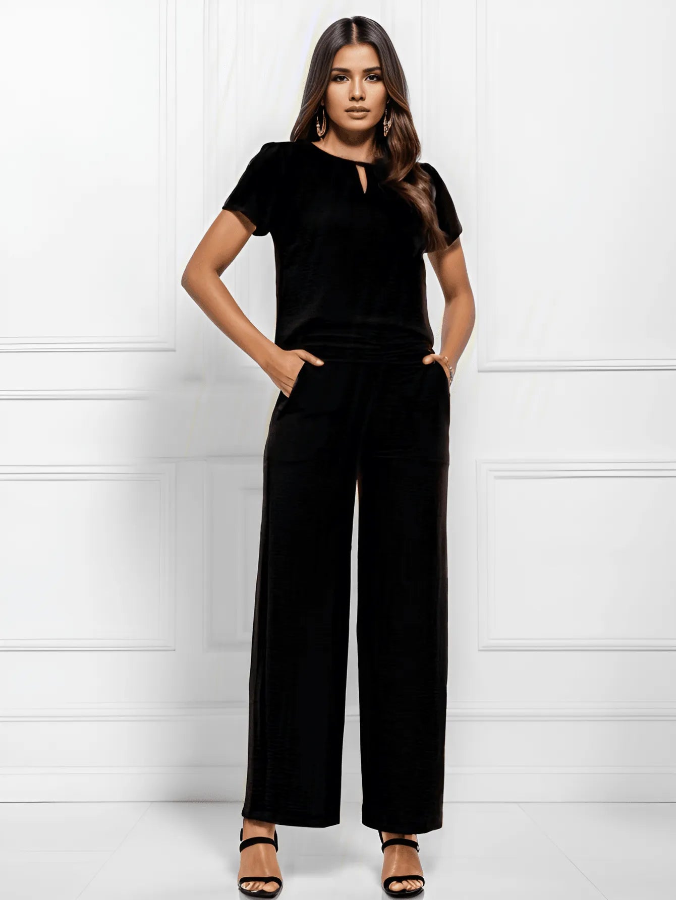 Conjunto Blusa de Manga Curta e Calça Reta com Pregas