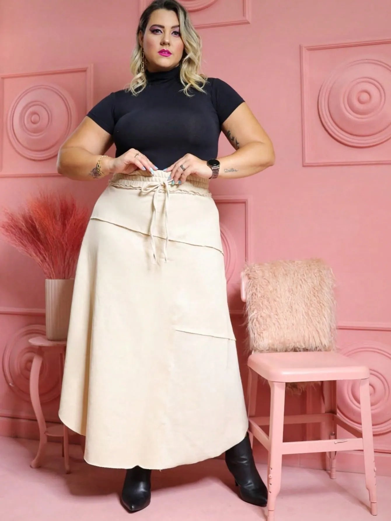 Saia longa plus size moletom com laço