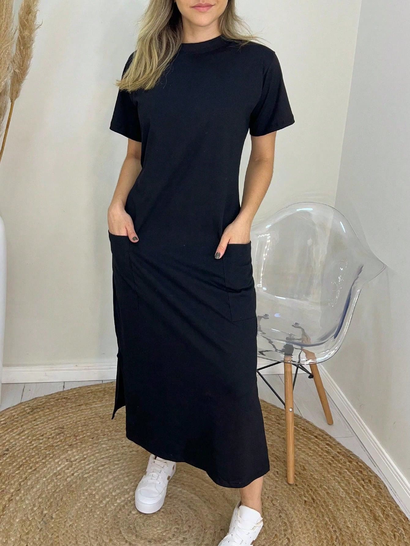 Vestido midi algodão básico camiseta com bolso