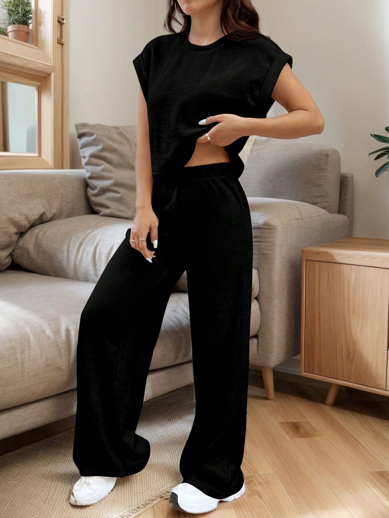 Conjunto de Top de Manga Morcego Folgada e Calça em Tricô