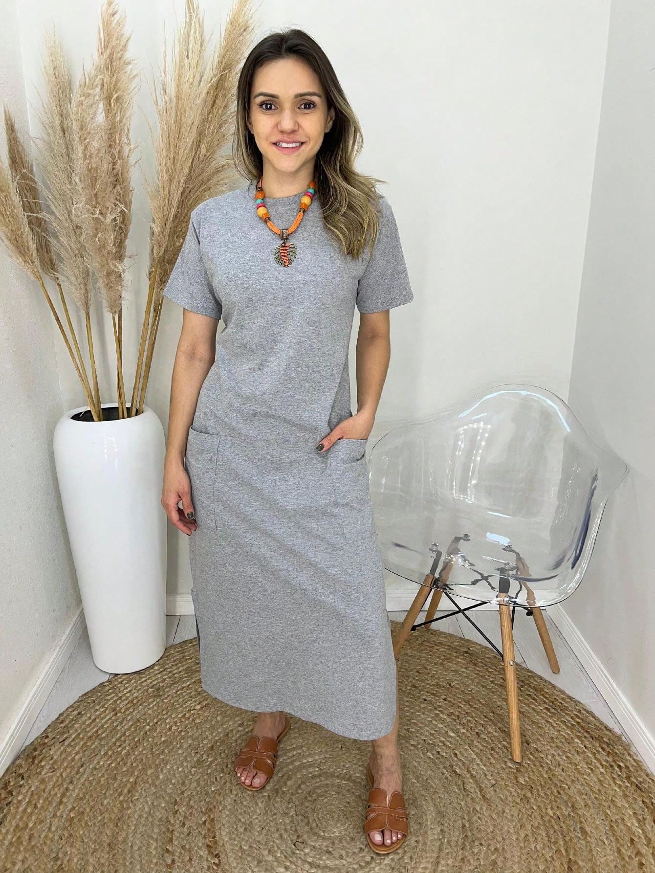 Vestido midi algodão básico camiseta com bolso