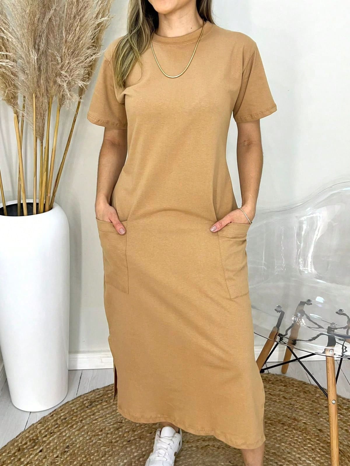 Vestido midi algodão básico camiseta com bolso