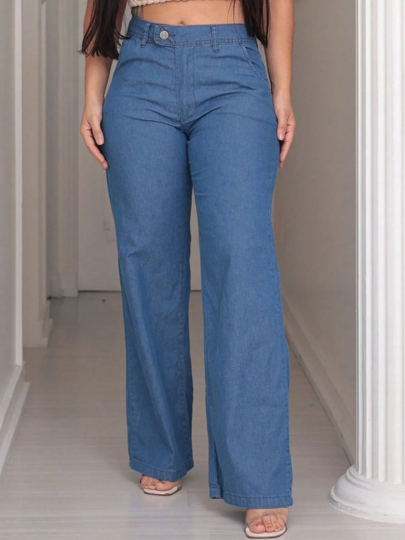 Calça Pantalona Jeans Feminina Cintura Alta Com bolso na frente e zíper