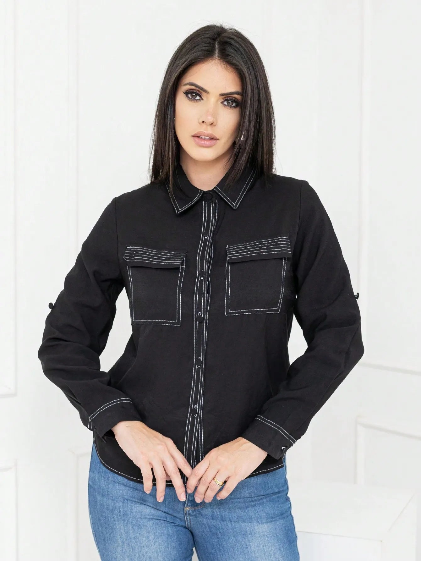 Camisa Feminina Liso Tecido Grosso Elegante Casual