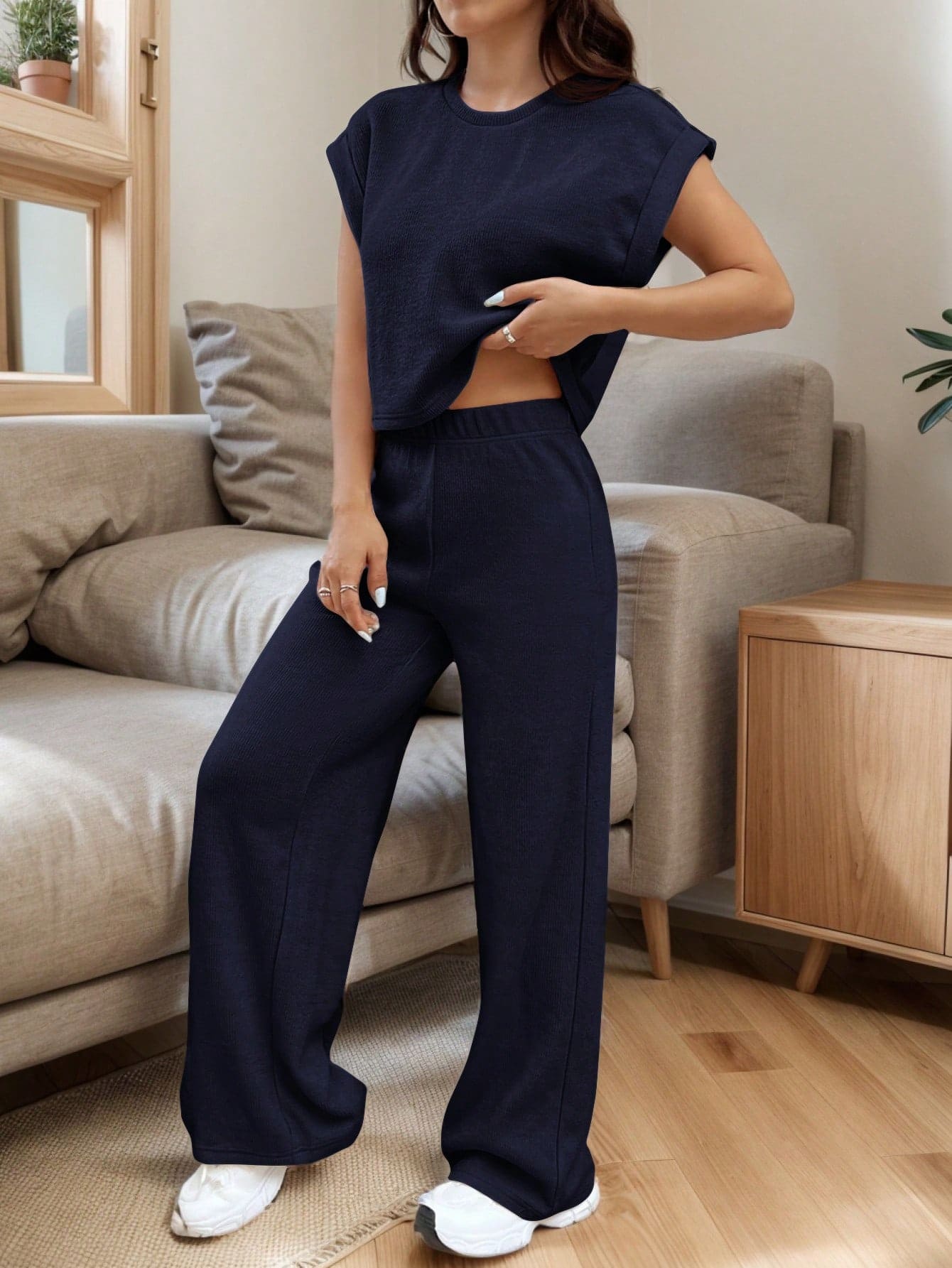 Conjunto de Top de Manga Morcego Folgada e Calça em Tricô