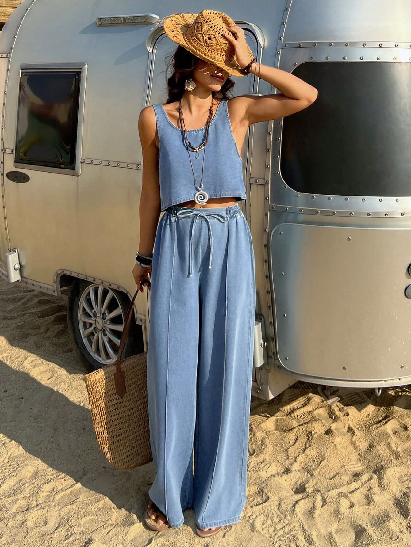 Conjunto de Colete Feminino Causal de Estilo Retrô Lavado