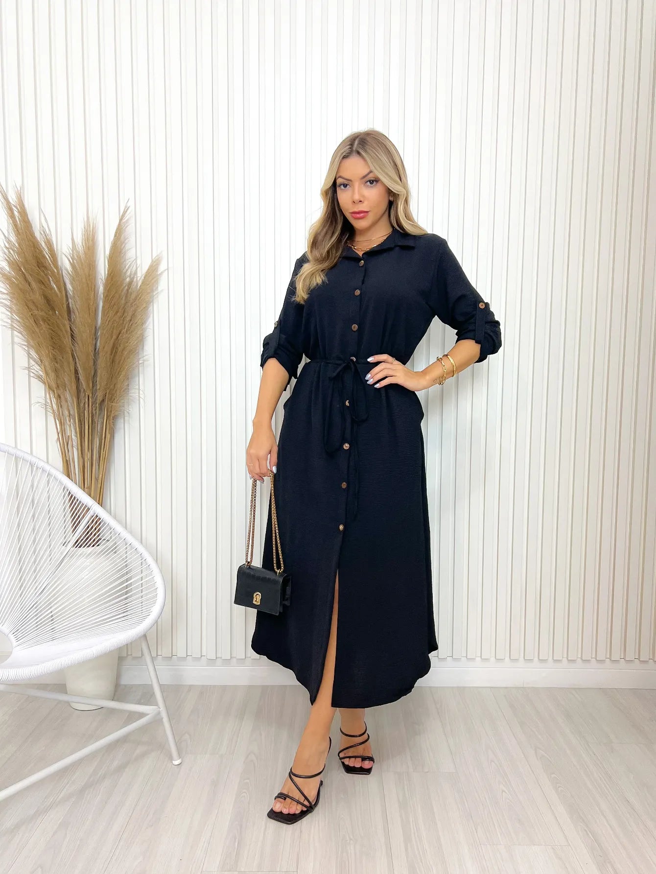 Vestido camisão feminino manga 3\4 com botão