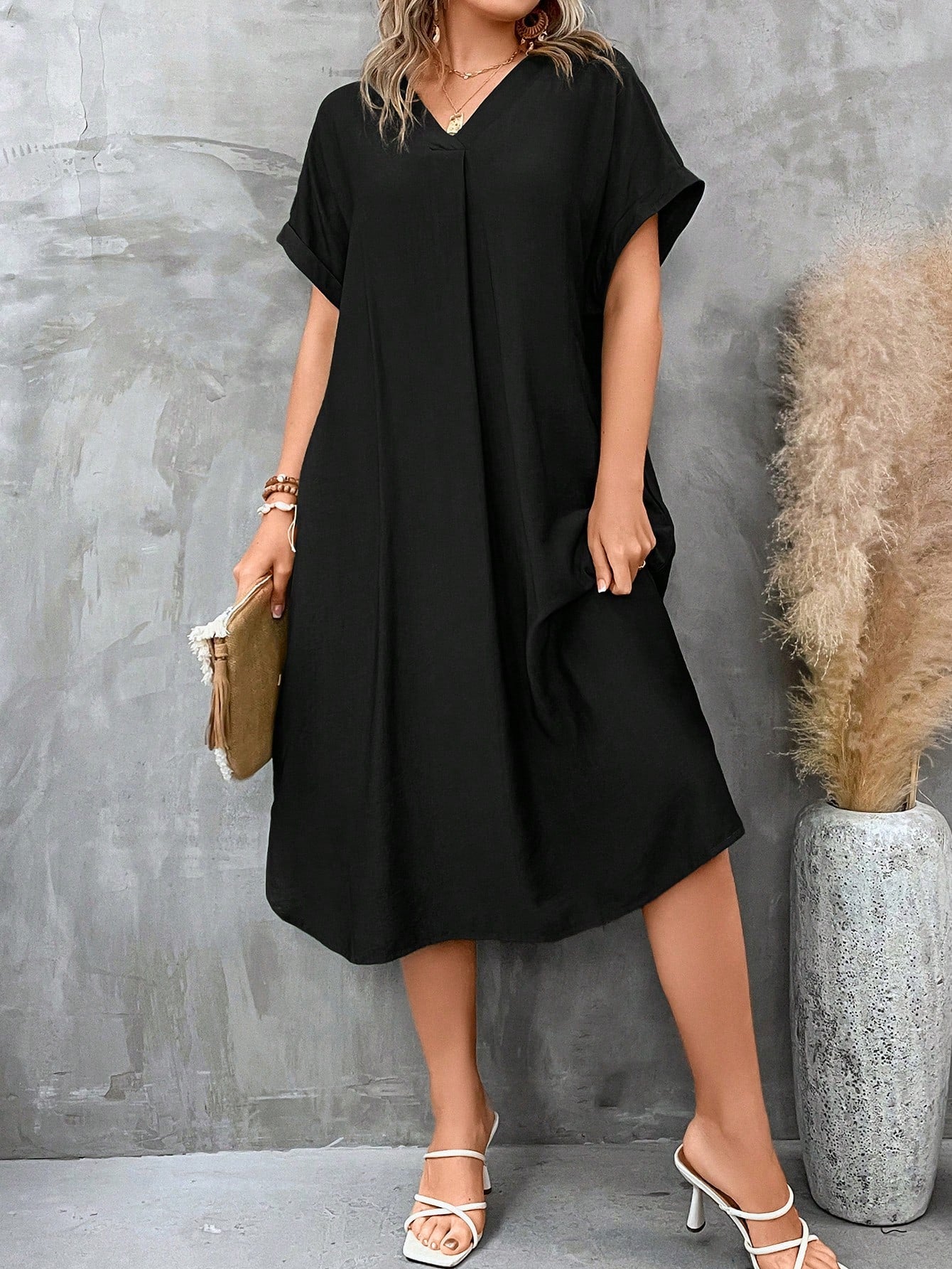 Vestido de túnica sólido manga de asa de morcego - Baita Opção - A sua melhor escolha