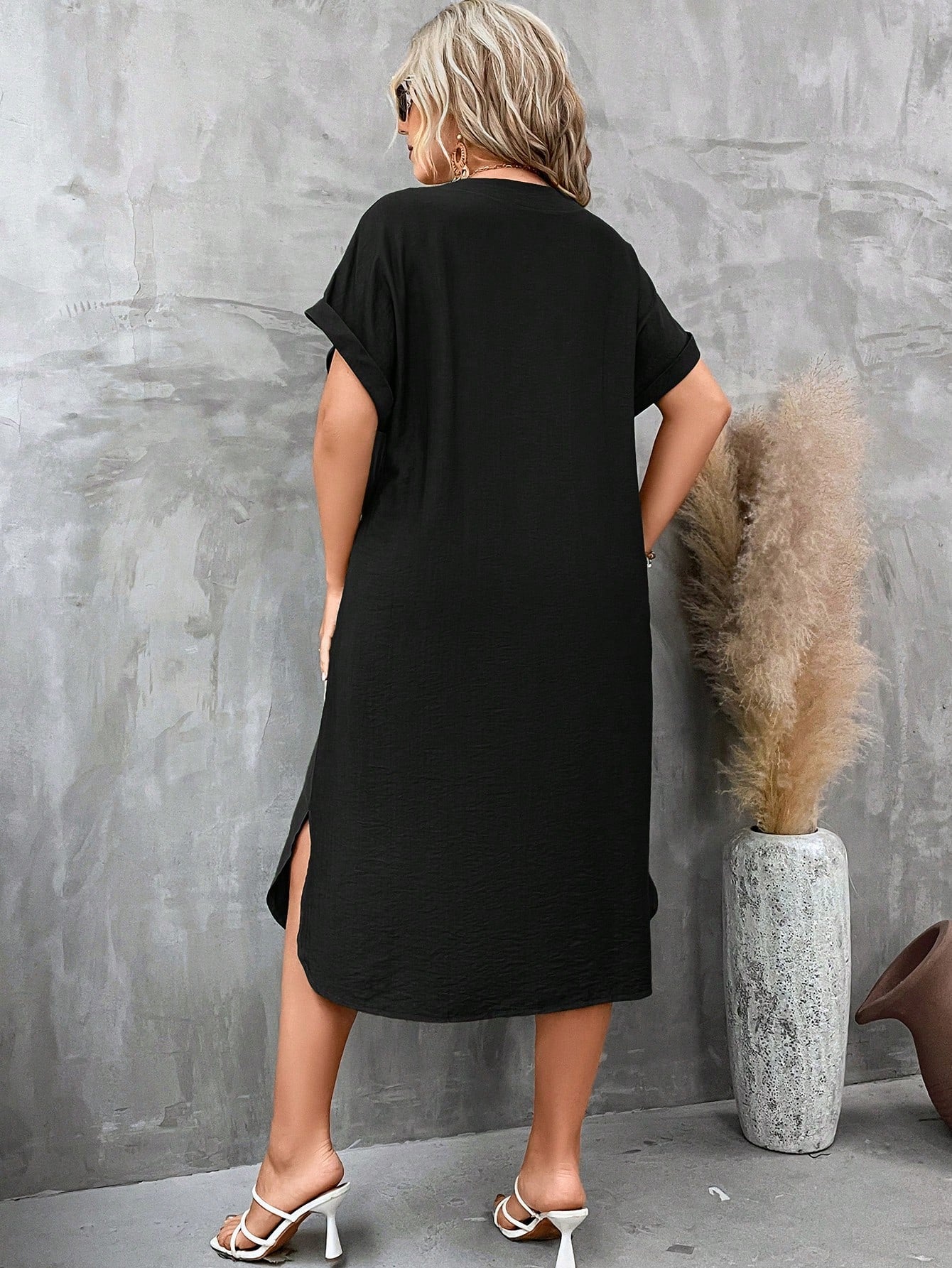 Vestido de túnica sólido manga de asa de morcego - Baita Opção - A sua melhor escolha