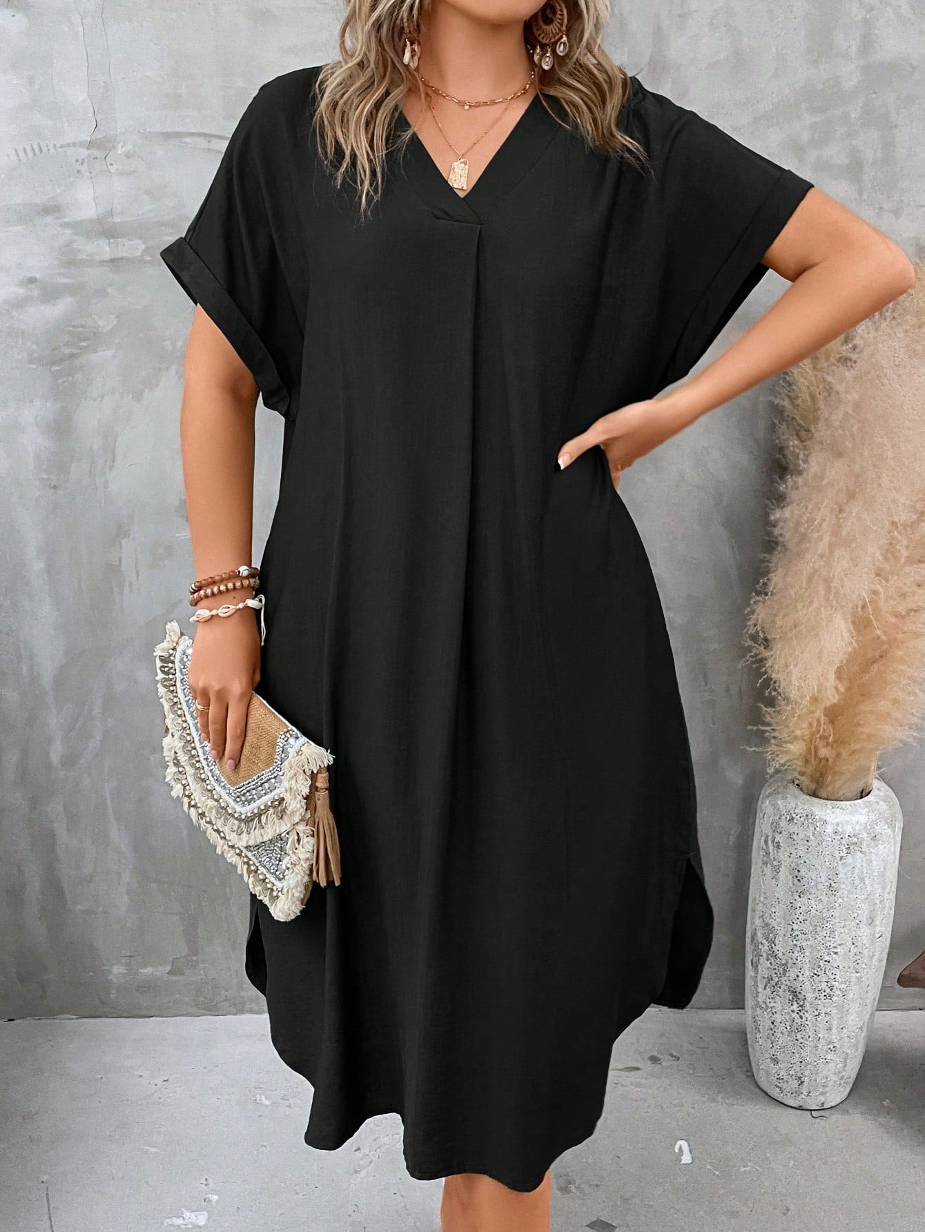 Vestido de túnica sólido manga de asa de morcego - Baita Opção - A sua melhor escolha