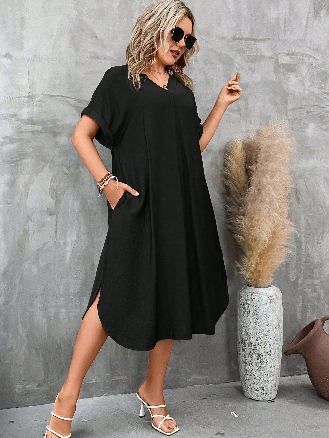 Vestido de túnica sólido manga de asa de morcego - Baita Opção - A sua melhor escolha