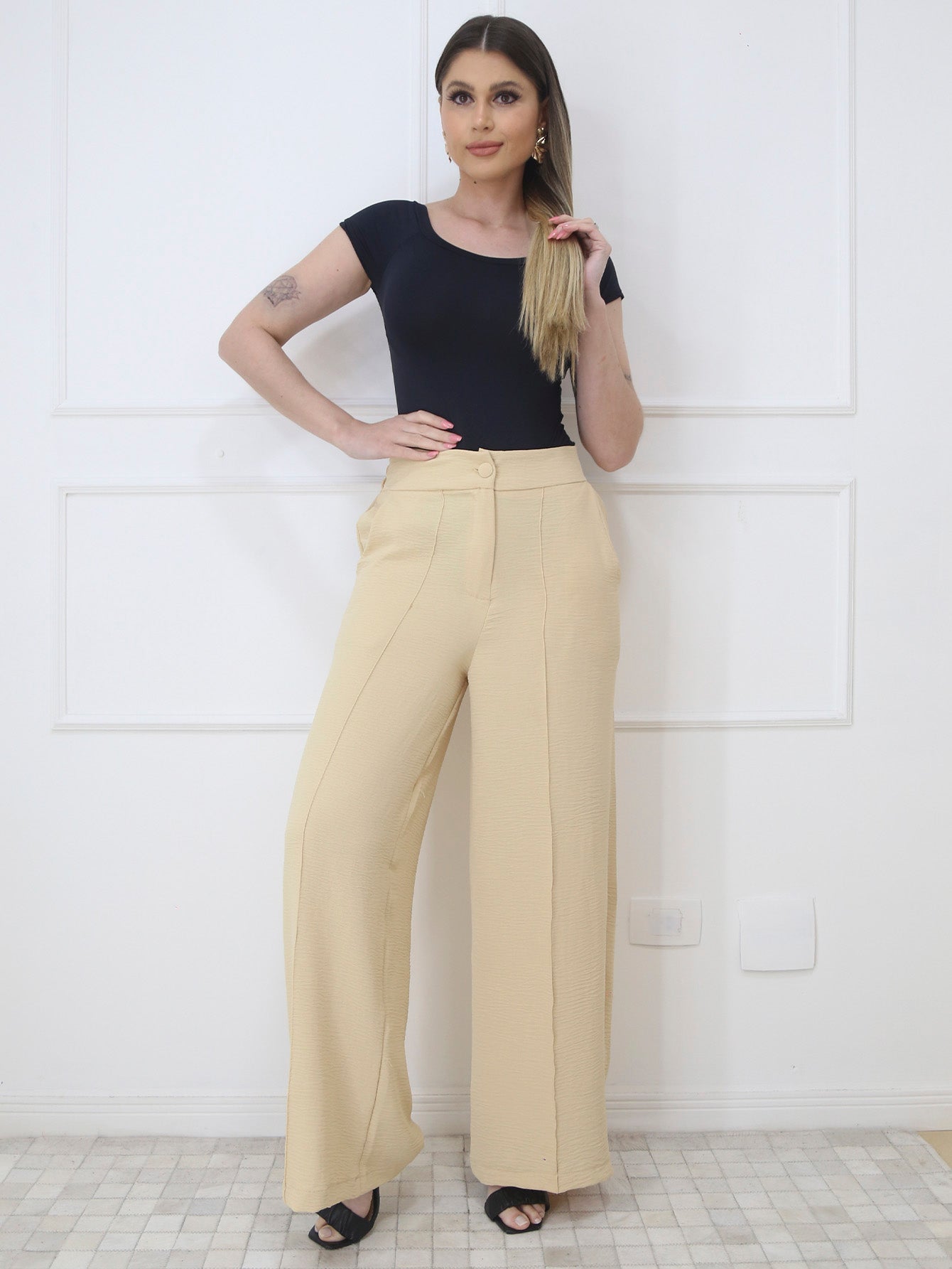 Calça pantalona feminina com cintura alta e elastico - Baita Opção - A sua melhor escolha