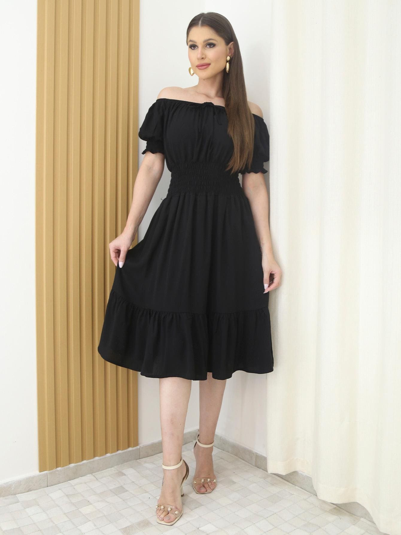 Vestido Festa Mídi Manguinha com Elástico Evángelica