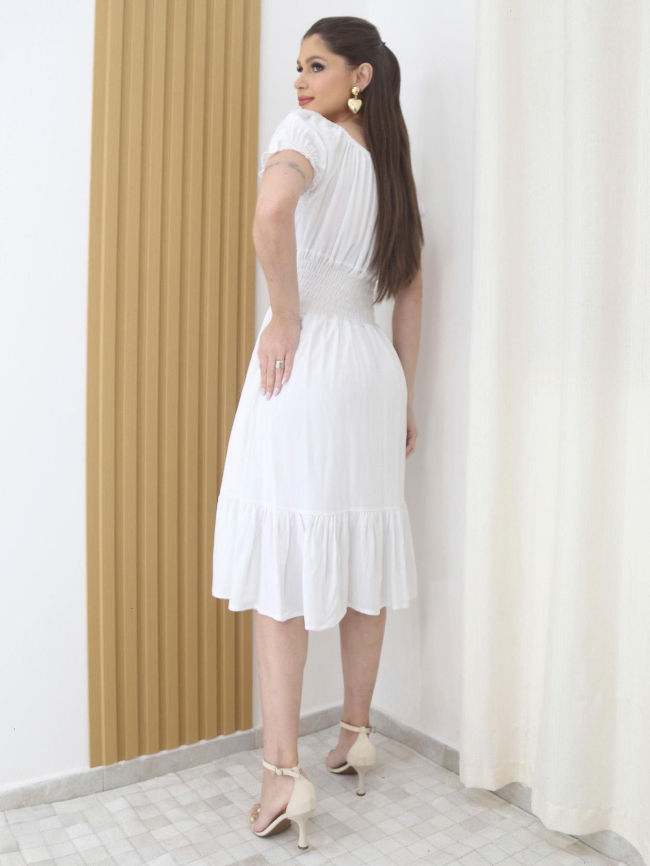 Vestido Festa Mídi Manguinha com Elástico Evángelica