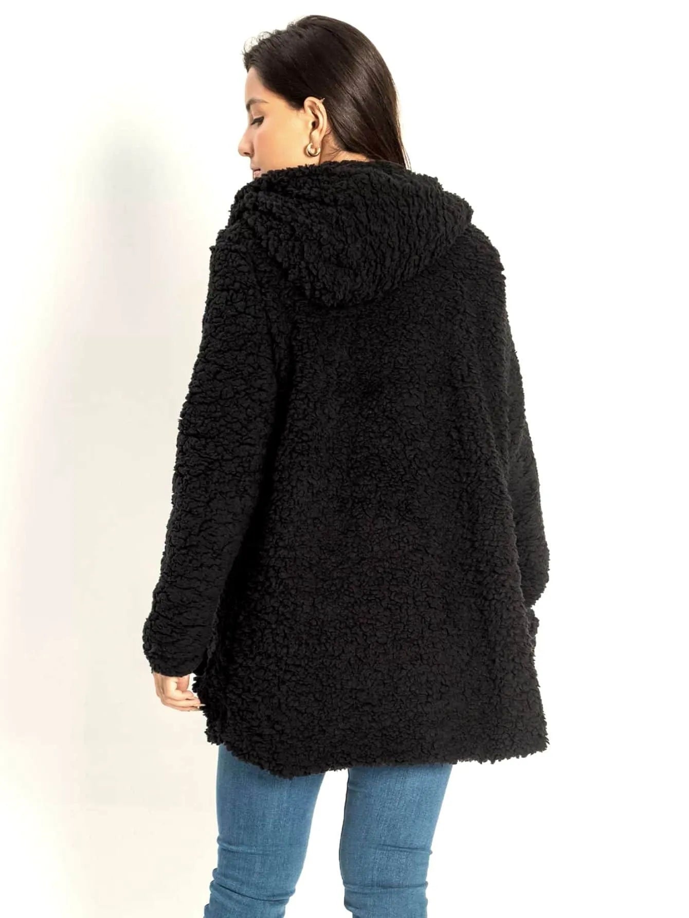 Casaco feminino pelinhos sobretudo com capuz