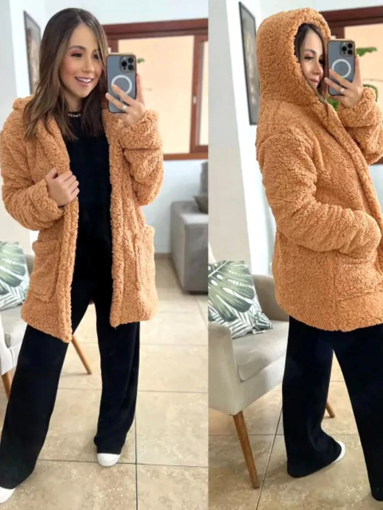 Casaco feminino pelinhos sobretudo com capuz