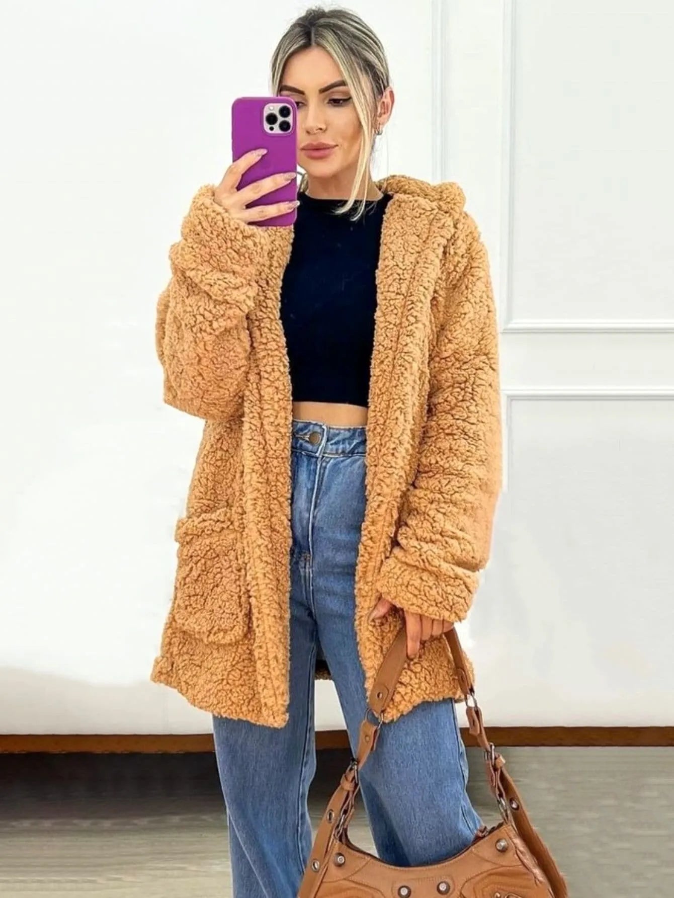 Casaco feminino pelinhos sobretudo com capuz