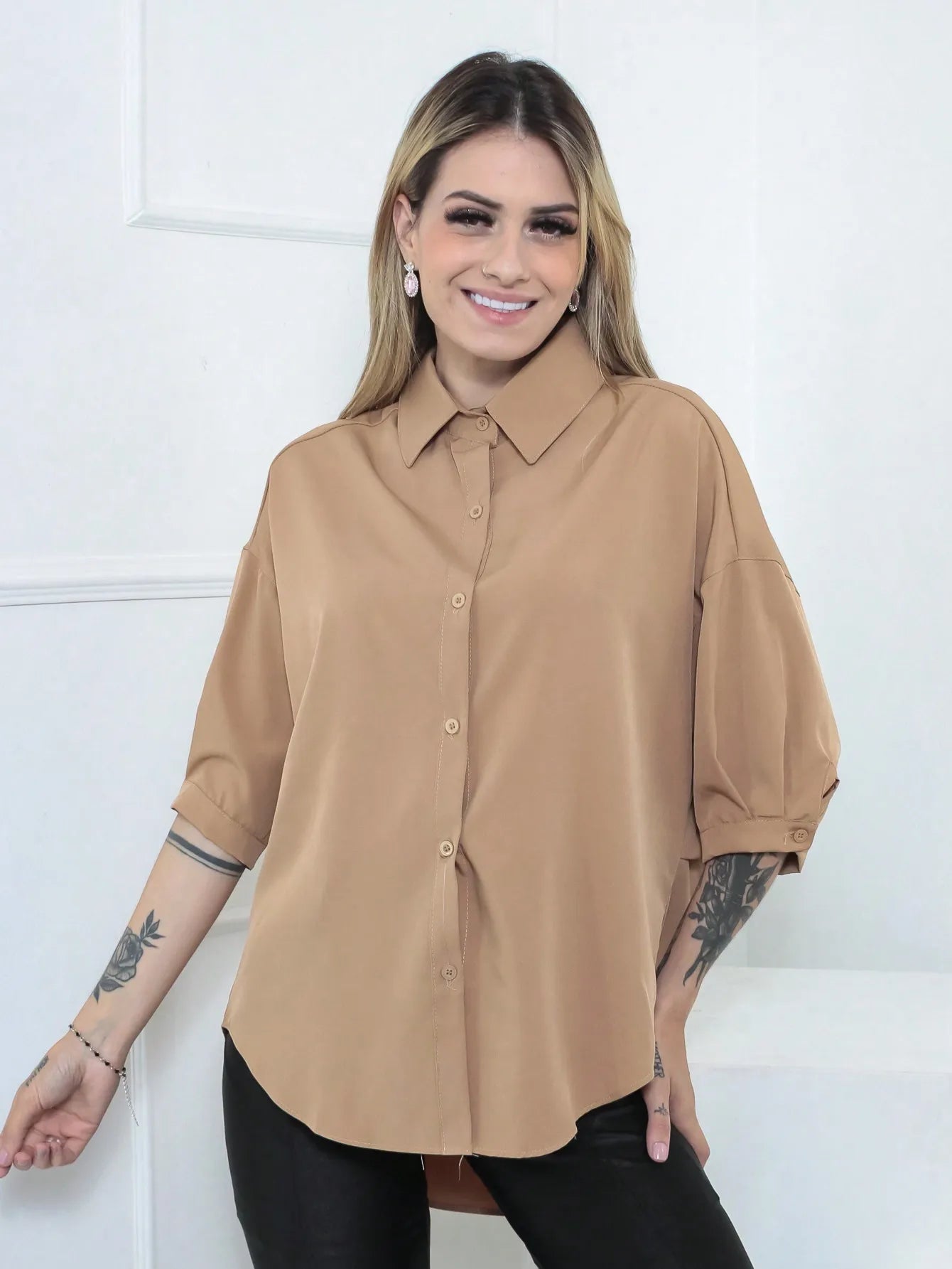 Camisa Feminina Meia Manga com Elastano