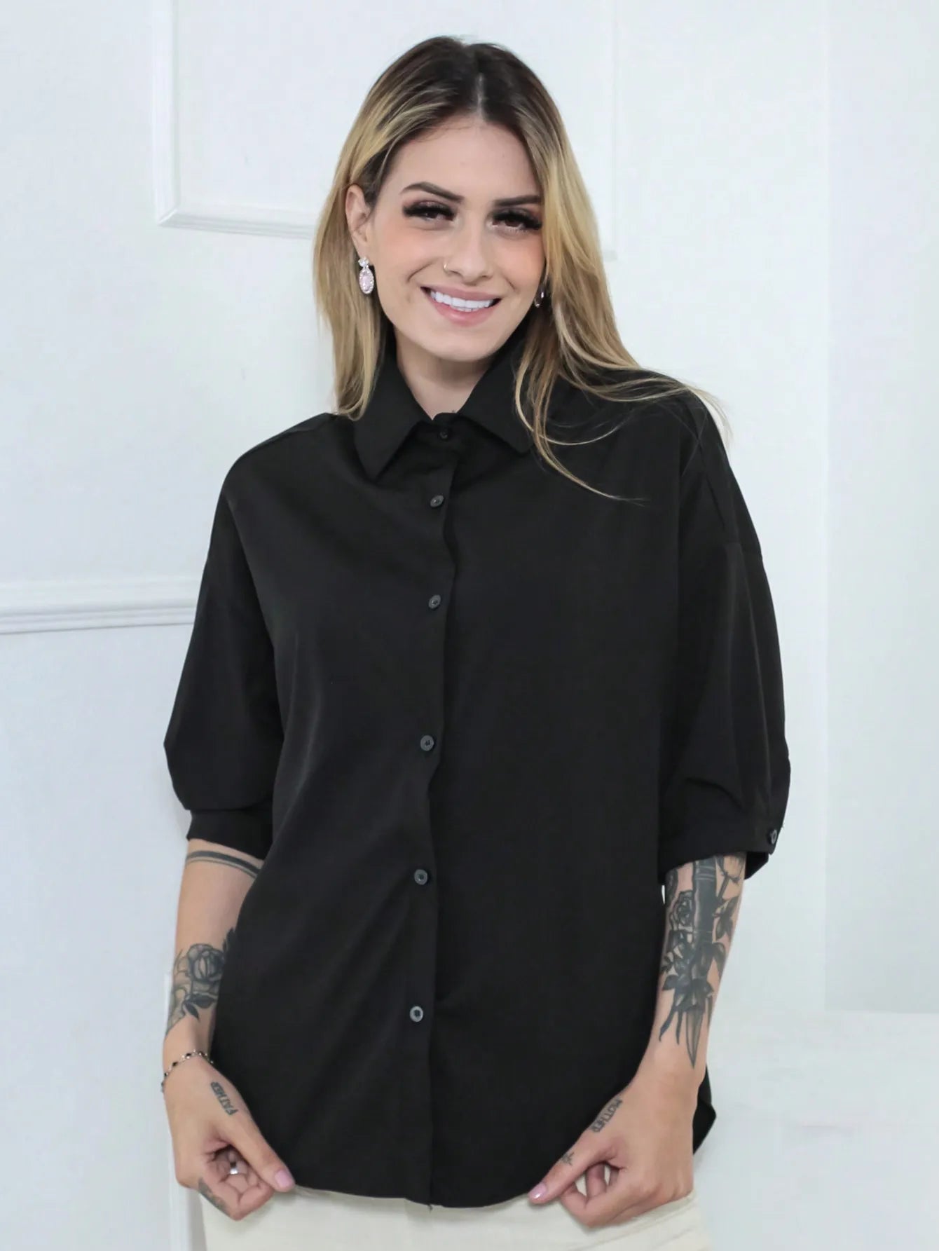 Camisa Feminina Meia Manga com Elastano