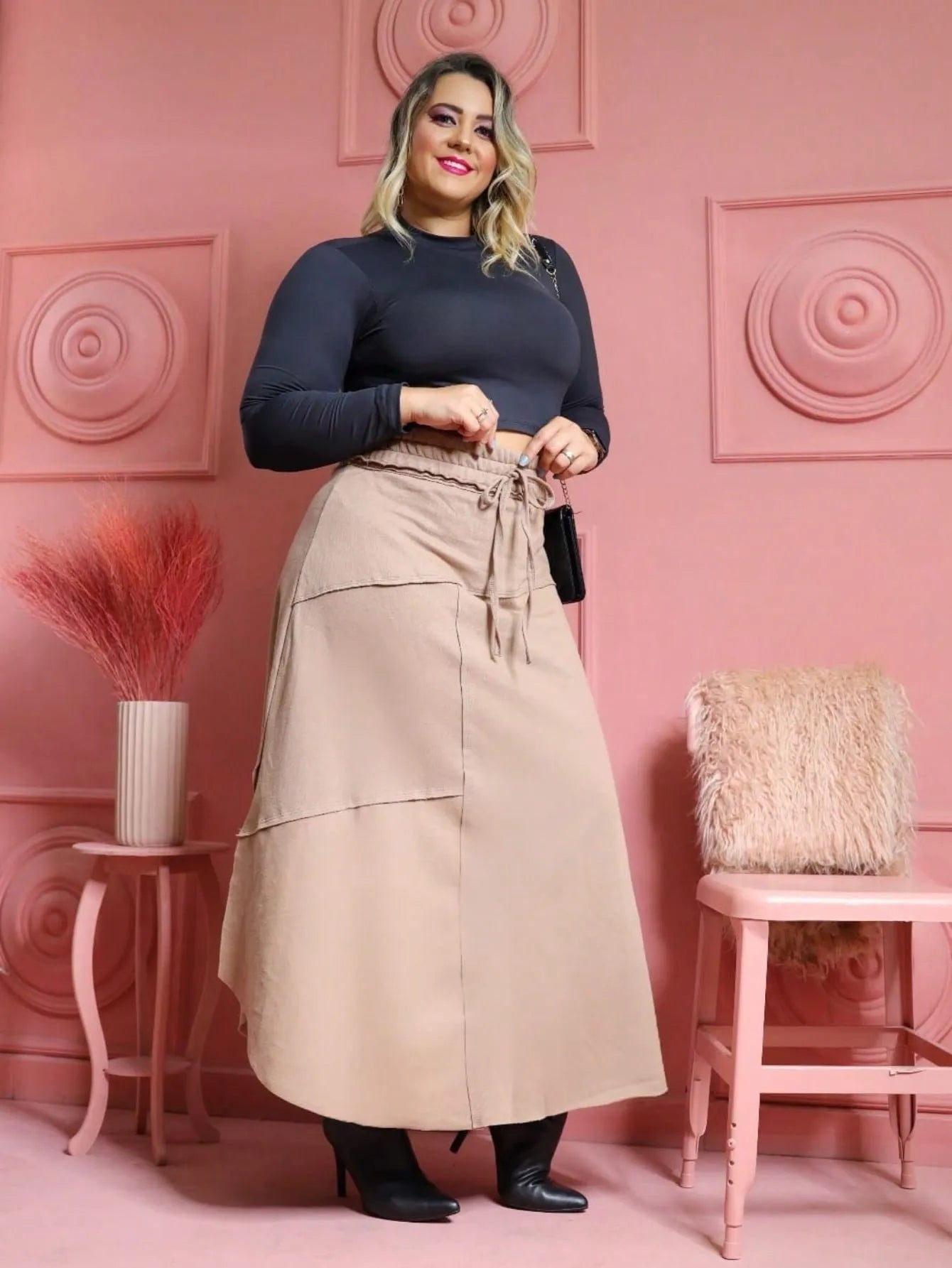 Saia longa plus size moletom com laço