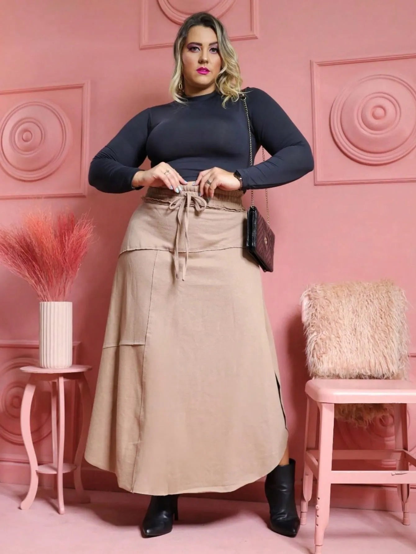 Saia longa plus size moletom com laço