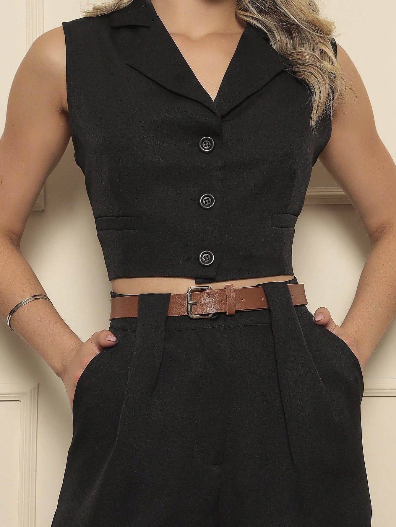 Conjunto de terno Feminino Colete com gola e calça comprida (Brinde CINTO)