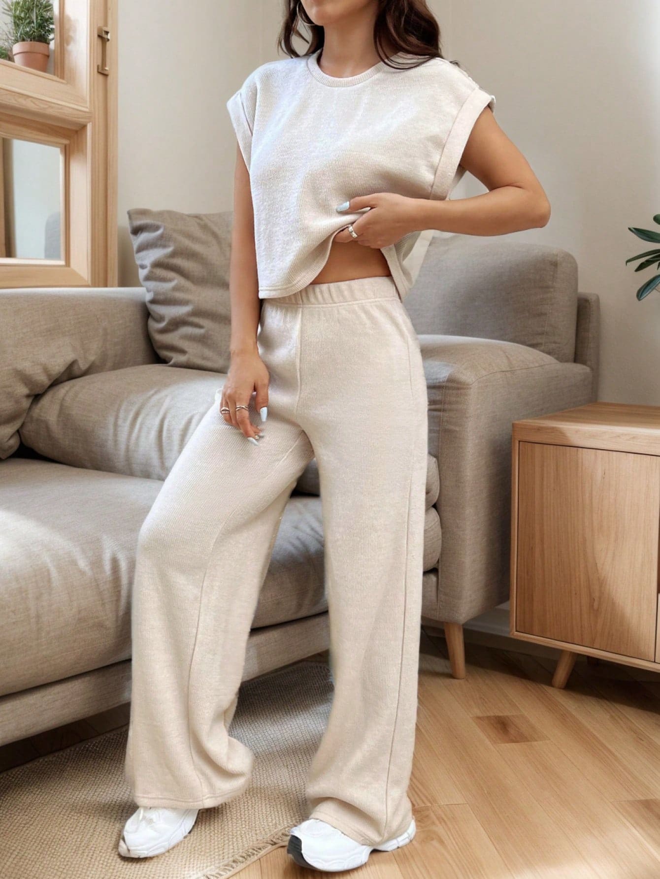 Conjunto de Top de Manga Morcego Folgada e Calça em Tricô