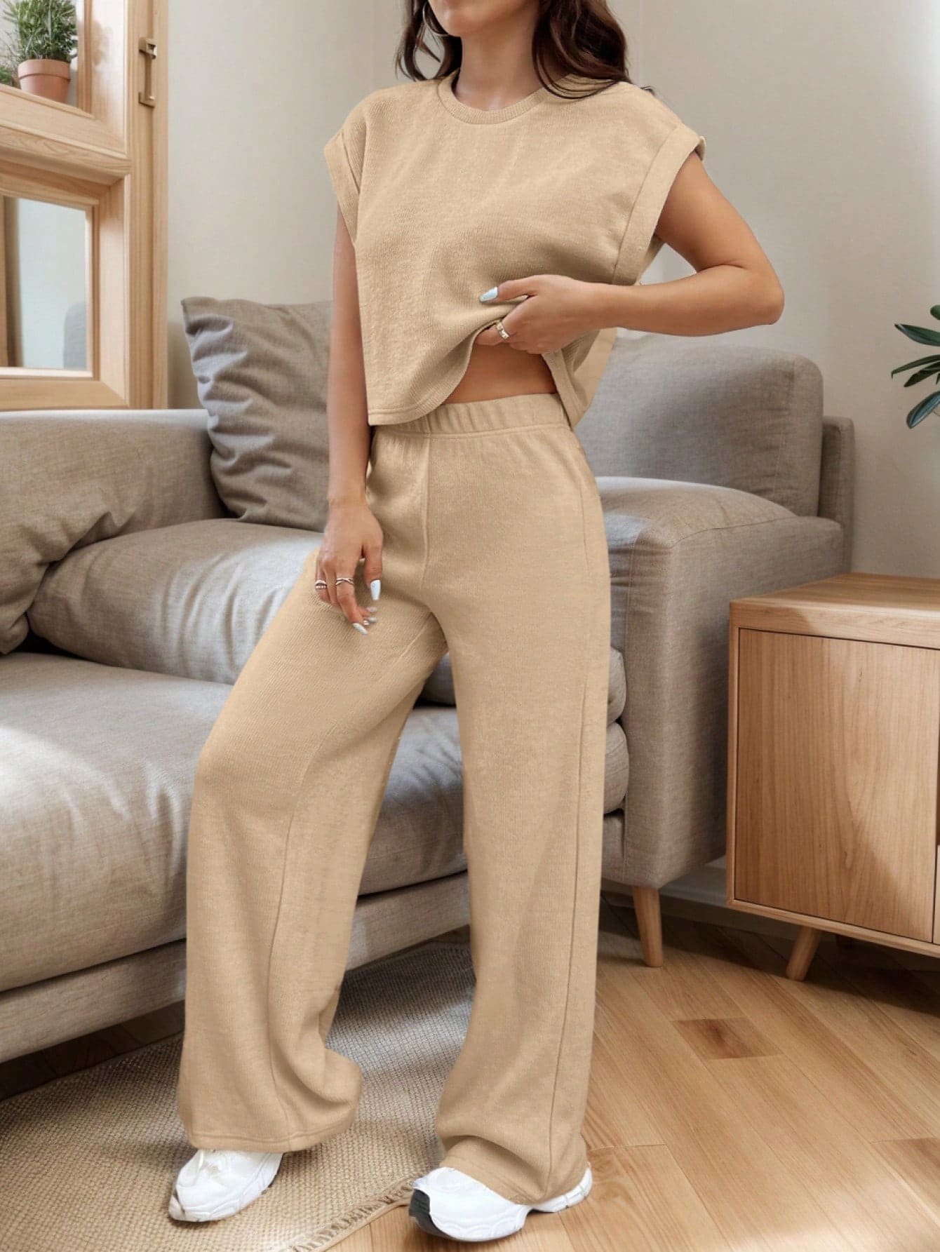 Conjunto de Top de Manga Morcego Folgada e Calça em Tricô