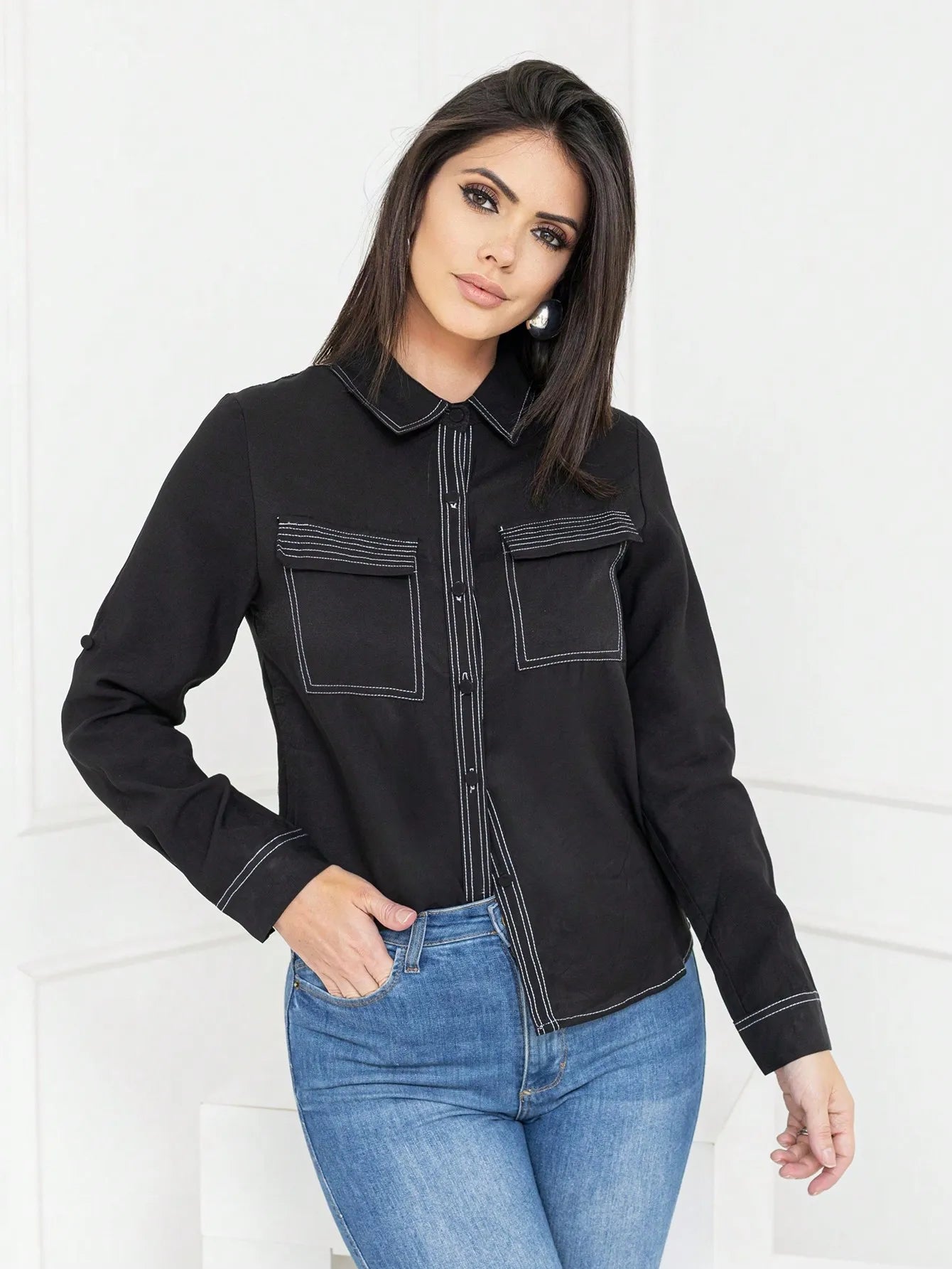 Camisa Feminina Liso Tecido Grosso Elegante Casual