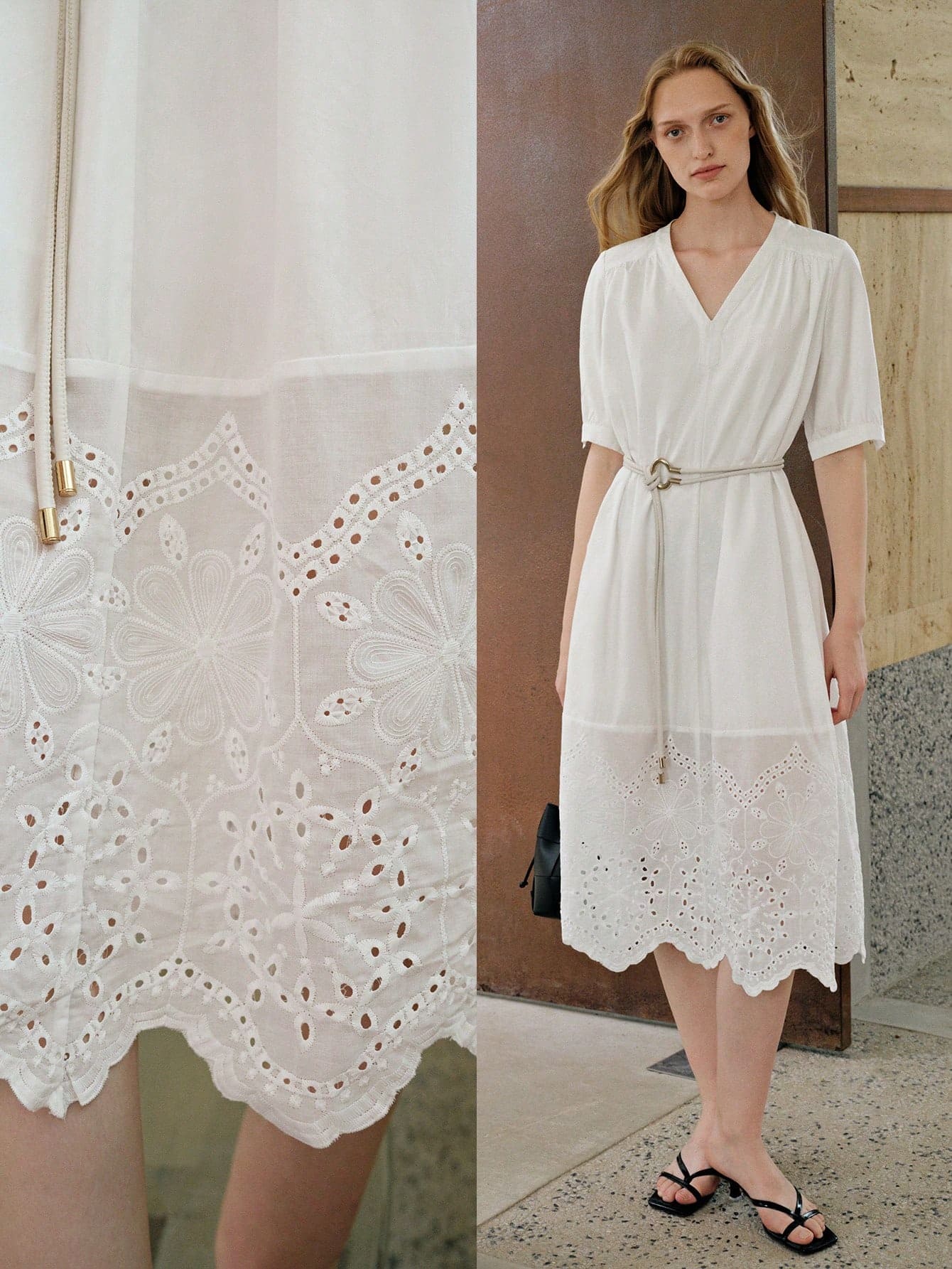 Vestido com cinto de bordado de ilhós