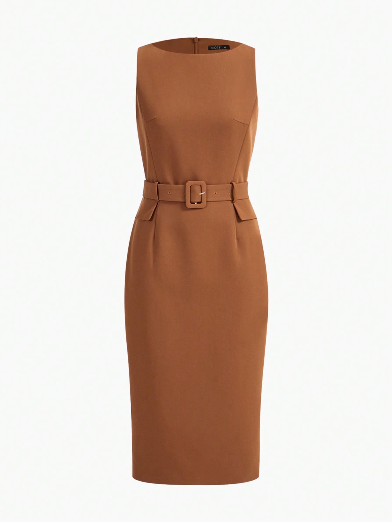 Vestido MIDI com Detalhe de Aba Sólida Fivela e Cinto