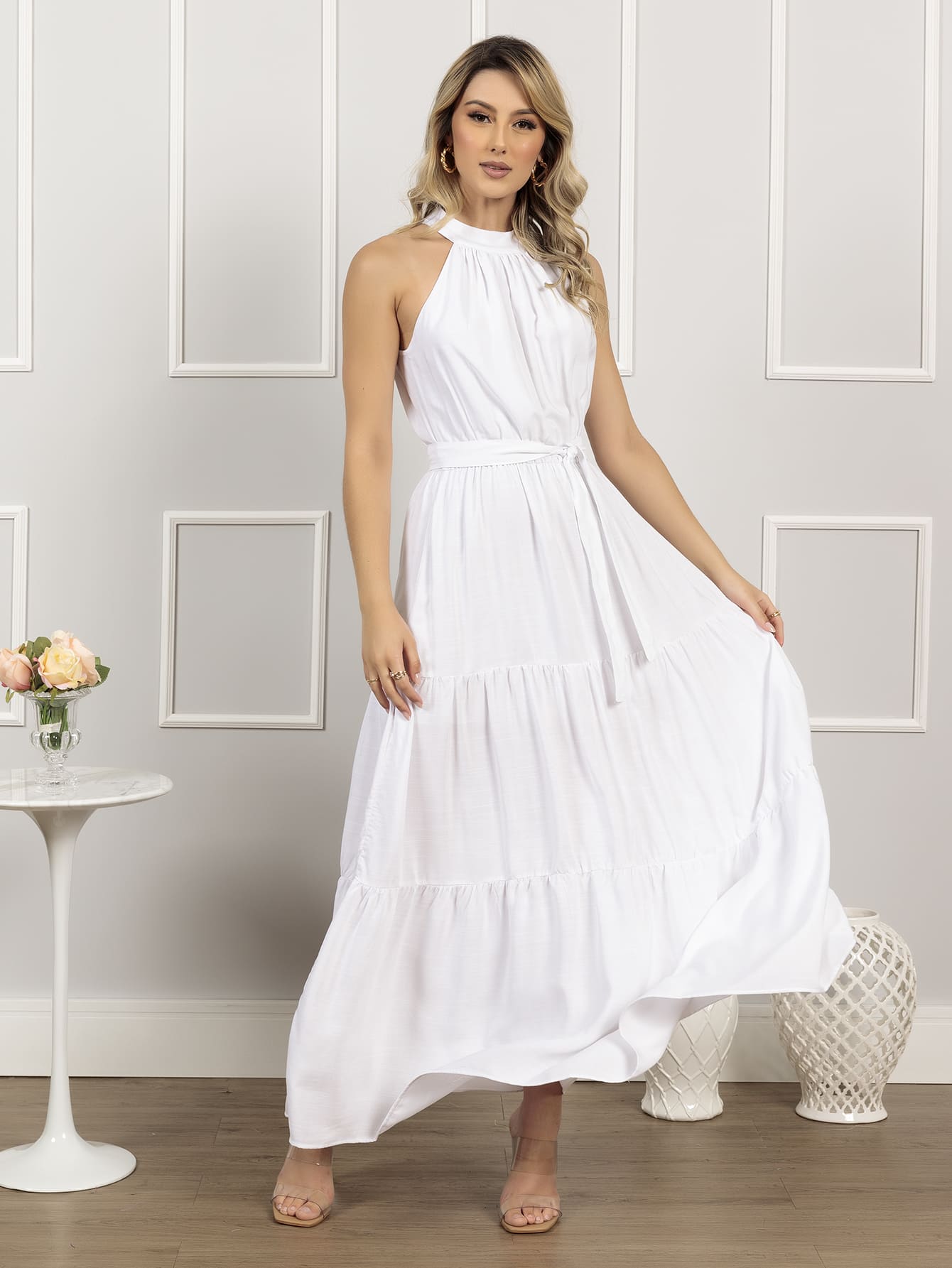 Vestido Longo Liso Gola Alta Três Maria Com Cinto