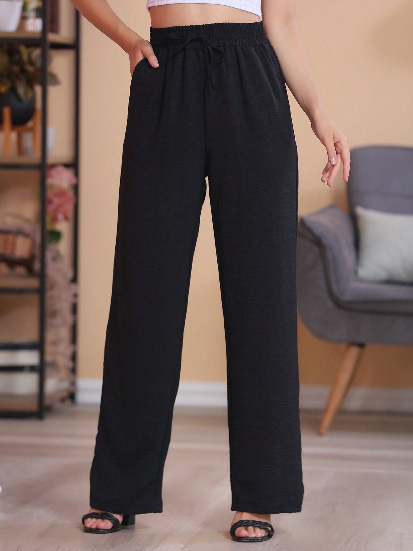 Calça pantalona feminina com bolso cintura alta - Baita Opção - A sua melhor escolha